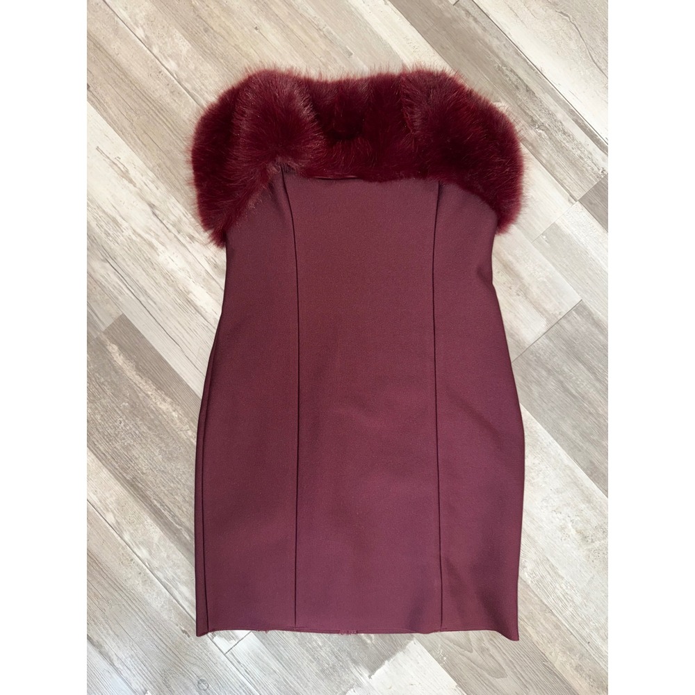 Fashion Nova Malika Fur Trim Bandage Mini Dress Women Burgundy Large 25GWY1475